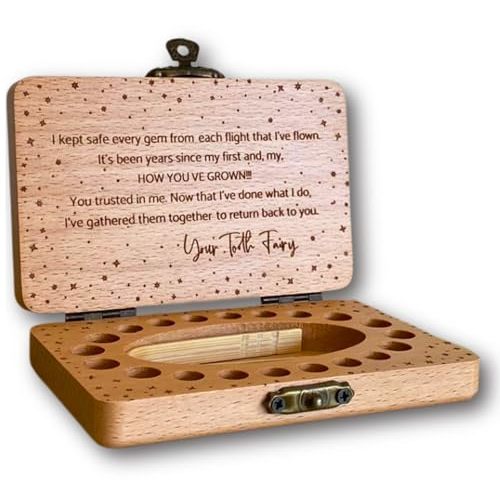 Tooth Fairy Keepsake Box for Girls & Boys, Tooth Fairy Box for 20 Baby Teeth, Wooden Tooth Storage & Saver Box for Lost Teeth, Tooth Fairy Gifts for Birthday (Natural Beech)