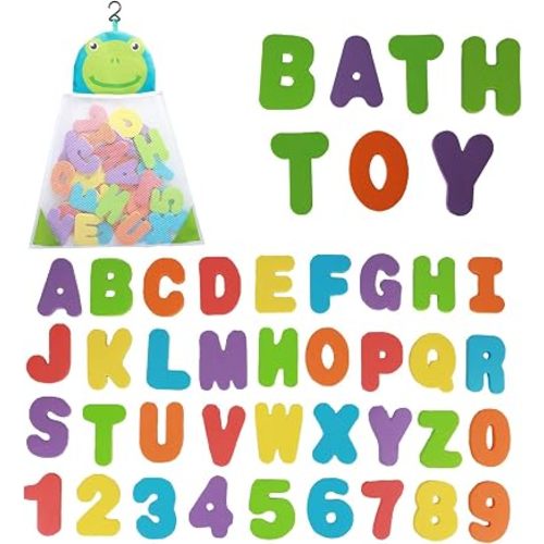 Bath Toys Organizer + 36 Soft Foam ABC 123 Letters & Numbers Bathroom Alphabet Baby Toys for Early Learning Foam Letters and Quick Dry Storage Net Bag