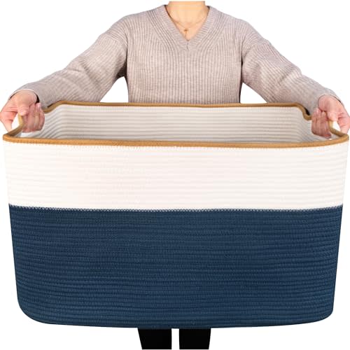 MINTWOOD Design 22in Extra Large Blanket Basket Holder Living Room, Rectangle Rope Woven Storage Basket with Handles for Laundry, Pool Towels, and Shoes, Dog Toy Organizer Bin Box, Prussian Blue