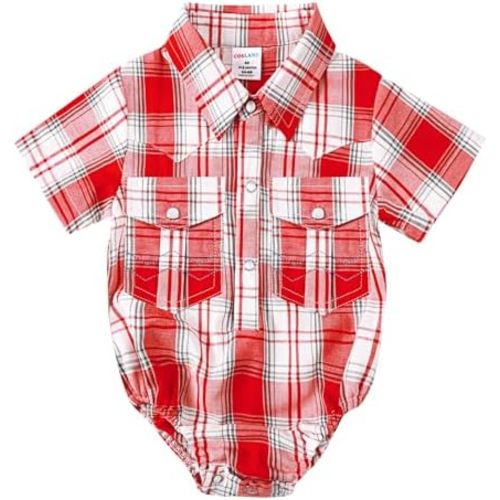 COSLAND Baby Boys' Western Clothes Short Sleeve Cotton Plaid Bodysuit, Infant Cowboy Shirt, 0-18 Months