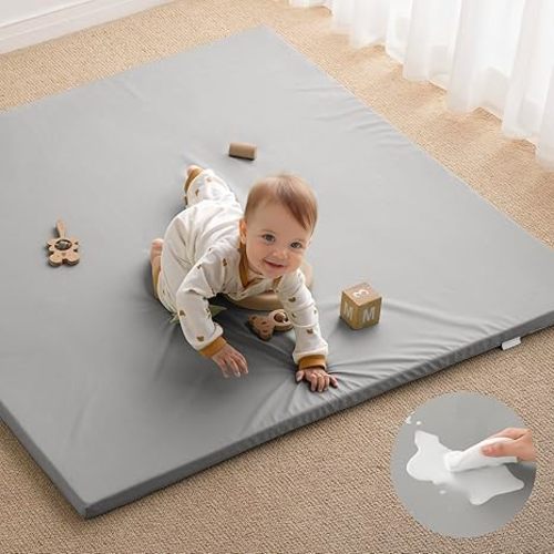 Blissful Diary Vegan Leather Baby Play Mat, 50x50 Thick Foam Cushioned & Waterproof Playpen Mat for Infants and Toddlers, Stylish and Just Wipe-Clean Playmat for Baby Play on Floor, Beige