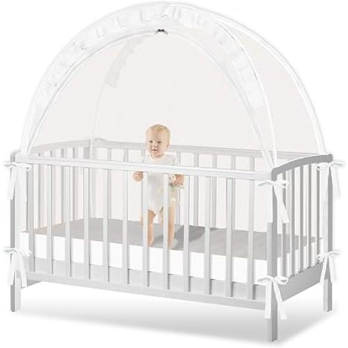 Crib Tent to Keep Baby from Climbing Out - Crib Net to Keep Baby in - Pop Up Breathable Cribs Cover - Canopy with Upgrade Strong Mesh and Durable Zipper (White, Lager)