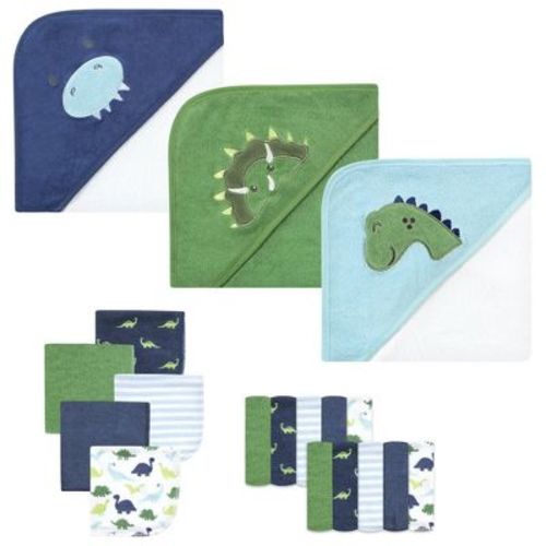 Hudson Baby Infant Boys Animal Hooded Towel 3pk and 15 Washcloths, Dinosaur, One Size