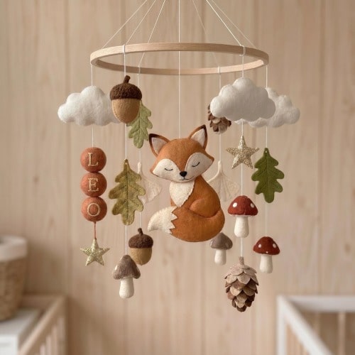 Personalized Fox Baby Mobile, Custom Woodland Nursery Bedroom Decor, Felt Forest Mushroom Acorn Leaf Crib Mobile, Newborn Baby Shower Gift
