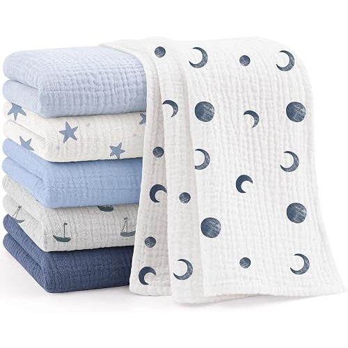 Bearmoss 6 Pack Large Muslin Burp Cloths for Baby Boy, Girl, 100% Cotton (Blue Star)