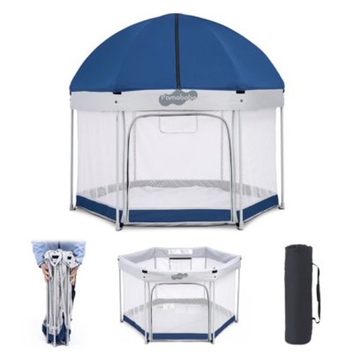 Pamo Babe Unisex Premium Indoor and Outdoor Baby Playpen - Portable, Lightweight, Toddler Play Yard With Canopy and Travel Bag - Blue