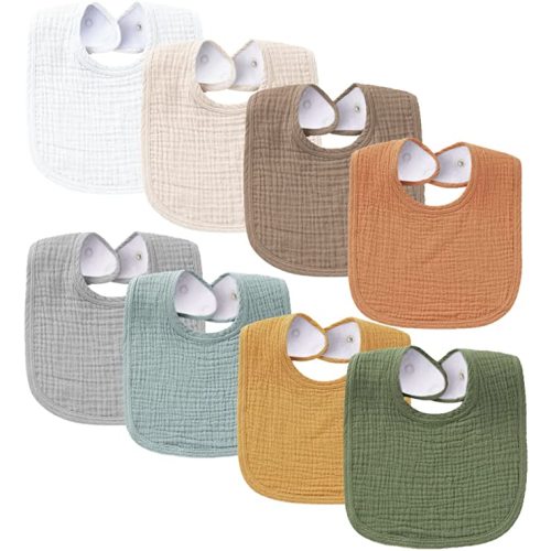Konssy 8-Pack Muslin Baby Bibs, Adjustable Fit for Drooling and Teething | Soft Absorbent, Drool Bibs for Baby Boys Girls, Cotton Front with Fleece Backing, Newborn to Toddler 0-36M