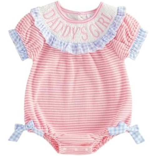Newborn Baby Girl Summer Clothes Short Sleeve Bubble Romper Bow Embroidery Smocked Outfits Infant Girl