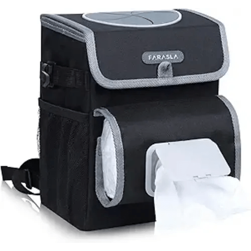 Farasla All-in-One Car Trash Can, Garbage Bag for Car with Removable Leakproof Interior Liner, Adjustable Tissue Holder & Straps(Black)