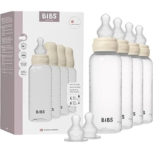 BIBS Baby Bottle 270 ml Silicone Nipple 4 Pack - Anti-Colic, BPA-Free, Round Nipple, Lightweight & Easy to Clean, Suitable for Newborns 0+ Years, 4-Pack + 2 Extra Nipples - Ivory