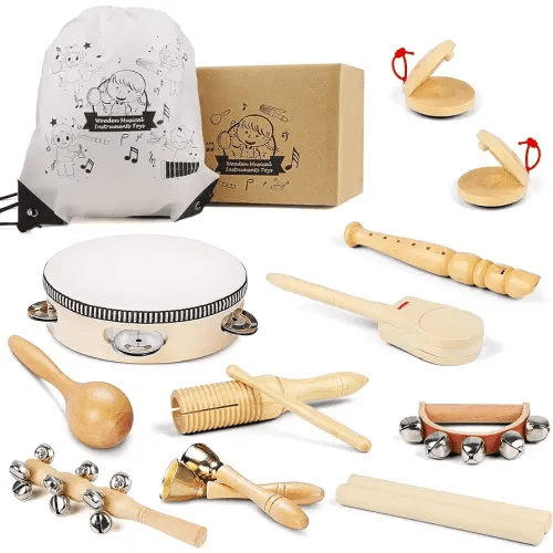 Chriffer Kids Musical Instruments Toys, Percussion Instruments Set with Storage Bag, Preschool Educational Music Toys for Boys Girls, Natural Eco-Friendly Wooden Music Set (10pcs)