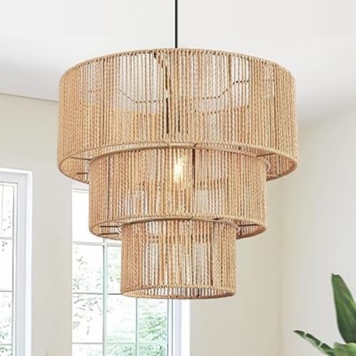 17” Boho Large Rattan Chandelier Light Fixture, 3-Tiered Large Hand Woven Pendant Light Fixture, Farmhouse Rustic Chandeliers for Dining Room, Kitchen, Bedroom, Hallway, Living Room, Foyer