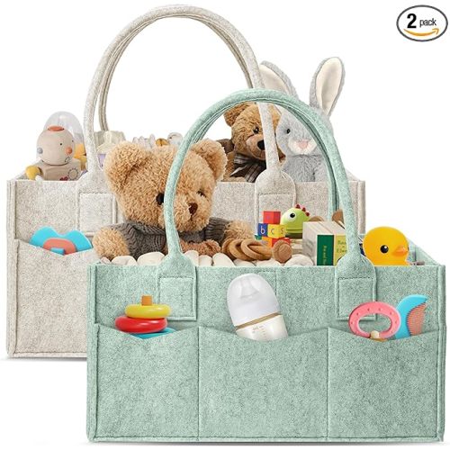 HIPHOP PANDA 2-Pack Diaper Caddy Organizer - Nursery Storage Bin & Car Organizer for Diapers, Wipes, and Baby Essentials - Dual-Color Solid Set (Green/Oatmeal), Regular Size