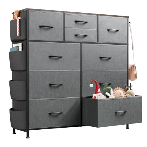 WLIVE Dresser for Bedroom with 10 Drawers, Fabric Dresser Chest of Drawers with Side Pockets and Hooks, Sturdy Metal Frame, Drawers Organizer Unit for Room, Hallway, Dark Gray