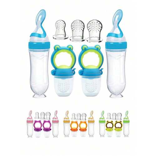 7pcs Baby Feeding Set: 2pcs Silicone Bottle With Spoon, Squeezable Infant Food Dispenser Feeder, 2pcs Fresh Food Feeder, 3 Sizes Silicone Reusable Food Pouch, Baby Feeding Bottle Set | SHEIN USA