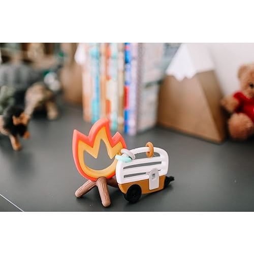 Lucy Darling Little Camper Baby Teether Set – 2 Textured Silicone Teething Toys (Camper & Campfire) for Babies 3–6 Months | BPA-Free, Easy to Hold & Clean | Baby Registry & Shower Gift