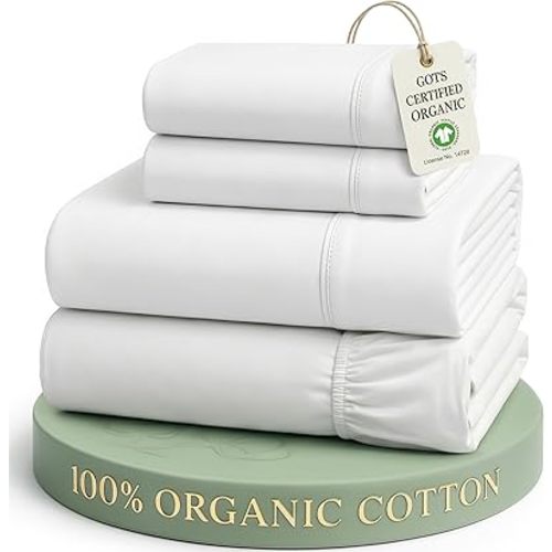 LANE LINEN Queen Sheets 100% Organic Cotton 4pc Percale Cooling - White
