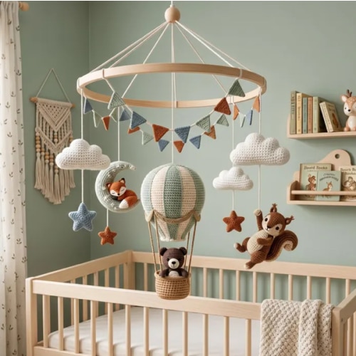 Hot Air Balloon Baby Mobile, Jungle Safari Crib Mobile, Handmade Crochet Animal Mobile, Boho Nursery Decor for Baby , Baby Shower Gift V3