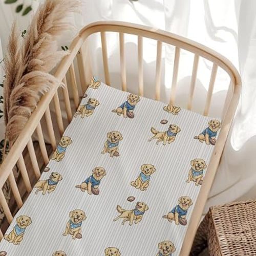 Vintage Golden Retriever Baseball Sport Baby Crib Sheet for Boys & Girls 28x52 Inch American Football Puppy Pet Sports Baby Sheet for Standard Crib and Toddler Dog Lover Gift Bed Mattress