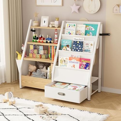 KIDINIX Kids Bookshelf and Toy Storage - 3 Tier Sling Book Shelf with Toy Organizer, Montessori Toddler Bookcase for Bedroom, Playroom, Children Room, Nursery, Classroom, White and Natural
