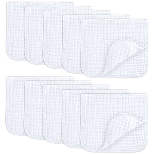 Comfy Cubs Muslin Burp Cloths 20" x 10", Pack of 10 - Large, 6-Layer, Ultra Absorbent 100% Cotton for Baby Drool and Messes - Soft, Safe & Gentle Baby Burp Cloths for Boys & Girls - White
