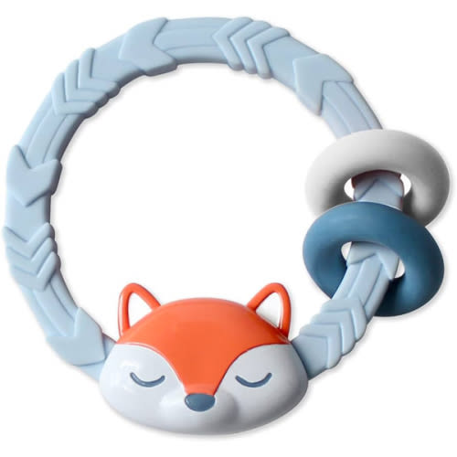 Itzy Ritzy Silicone Teether with Rattle; Rattle Teether Features Rattling Sound, Two Silicone Teething Rings and Raised Texture to Soothe Gums; Ages 3 Months and Up (Fox)