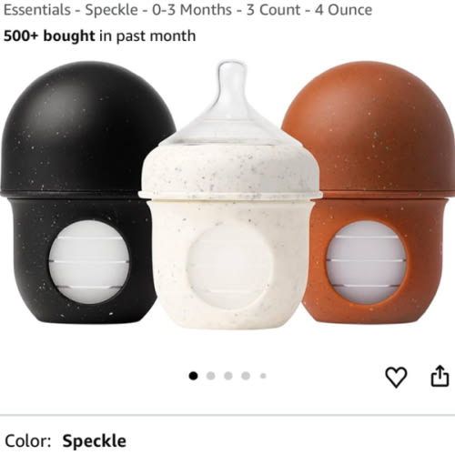 Boon Nursh Reusable Silicone Pouch Baby Bottles - Slow Flow Nipple - Silicone Baby Bottle Pouch and Nipple - Baby Feeding Essentials - Speckle - 0-3 Months - 3 Count - 4 Ounce