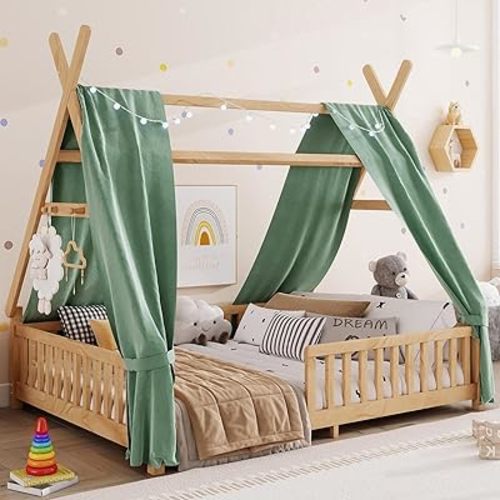 Montessori Bed Full Size with Light and Slats, Wood Teepee Floor Bed for Kids Boys Girls,House Bed Frame with Rails & Roof,No Box Spring Needed, Natural