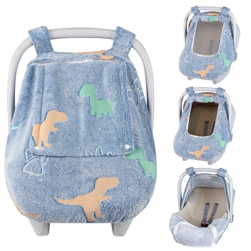 Car Seat Cover Baby Boys Girls, Soft Flannel Infant Carseat Cover with 2 Zipper Windows, Dinosaur Carrier Cover Canopy Glow in The Dark, Comfortable & Machine Washable, Blue