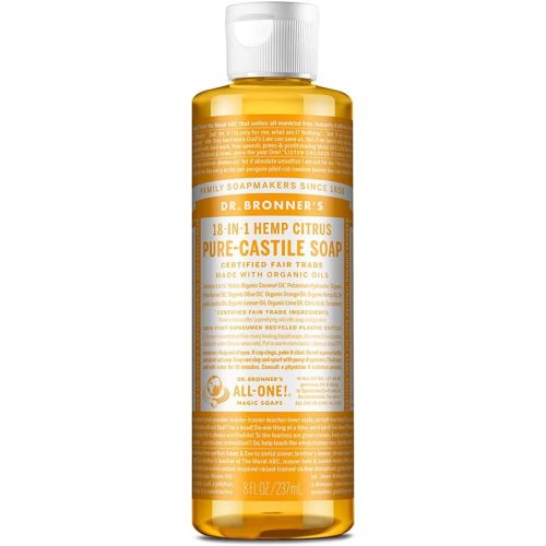 Dr. Bronner's - Pure-Castile Liquid Soap (Citrus, 8 ounce) - Made with Organic Oils, 18-in-1 Uses: Face, Body, Hair, Laundry, Pets and Dishes, Concentrated, Vegan, Non-GMO