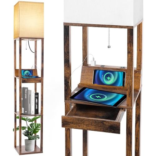 Plus Floor Lamp with Shelves, Modern Shelf Floor Lamp with 15W 3CCT LED Bulb and Memory Function, Wide Shelf Lamp for Display Storage, Standing Lamps for Living Room, Bedroom, Office, Corner