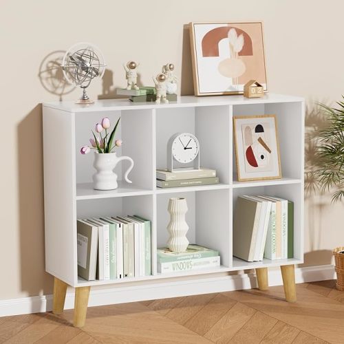 6 Cube Storage Organizer with Legs, 2 Tier Cube Low Bookcase Freestanding Storage Display Organizer for Home Office, Six-Cubes Open Shelf Bookshelf (White, 6 Cube Horizontal)
