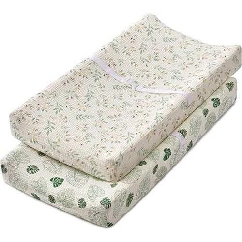 Blissful Diary Muslin Changing Pad Cover for Girls Boys, Ultra Soft Breathable Cotton, Baby Diaper Change Table Pad Covers, 2Pack (Leaf & Monstera Leaves)