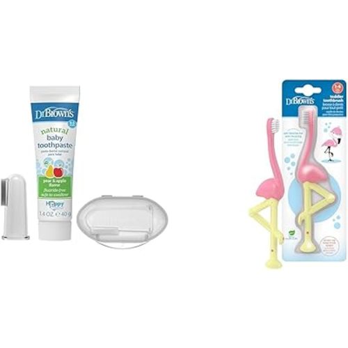 Dr. Brown's 100% Silicone Baby Finger Toothbrush and Toothpaste Set & Baby and Toddler Toothbrush, Flamingo 1-Pack, 1-4 Years