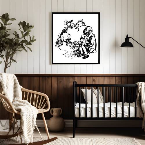 Framed Winnie the Pooh Print | Stuck Pooh | Black & White Nursery Decor