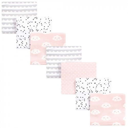 Hudson Baby Infant Girl Cotton Flannel Receiving Blankets Bundle, Pink Clouds, One Size