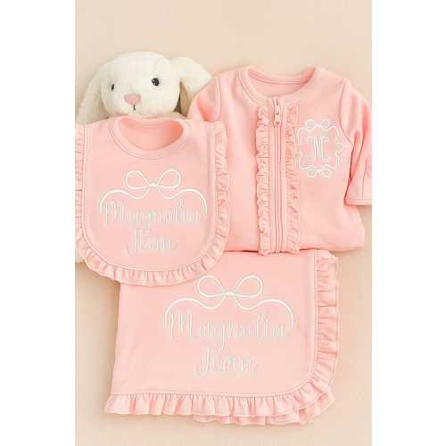 Personalized Baby Girl Gift Set – Pink Ruffle Sleeper, Bib & Burp Cloth – Custom Embroidered Newborn Outfit – Baby Shower Gift