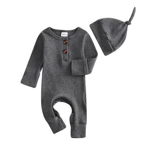Neutral Baby Clothes Newborn Girl Boy Coming Home From Hospital Outfit Cute Ribbed Knit One-Piece Romper Jumpsuit Hat