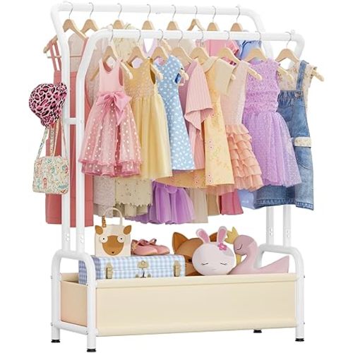 Kids Clothing Rack with Double Hanging Rods and Storage Basket