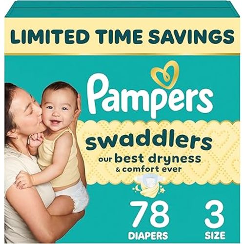 Pampers Swaddlers Diapers, Size 3 (13-26 lbs), 78 Count, Absorbent, Keeps Baby Dry and Comfortable, Skin Safe Disposable Baby Diaper