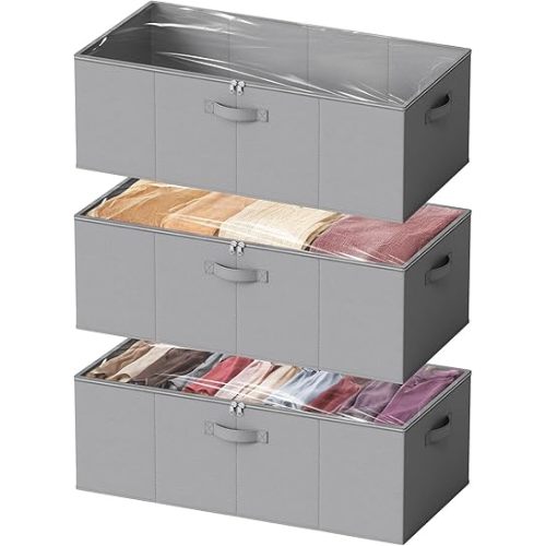 SpaceAid 3 Pack 10" High Under Bed Storage Containers, Large Underbed Storage Organizer Bins with Lids for Bedroom, Dorm, Clothes, Closet Organization, Bed Sheets and Blankets (Gray)
