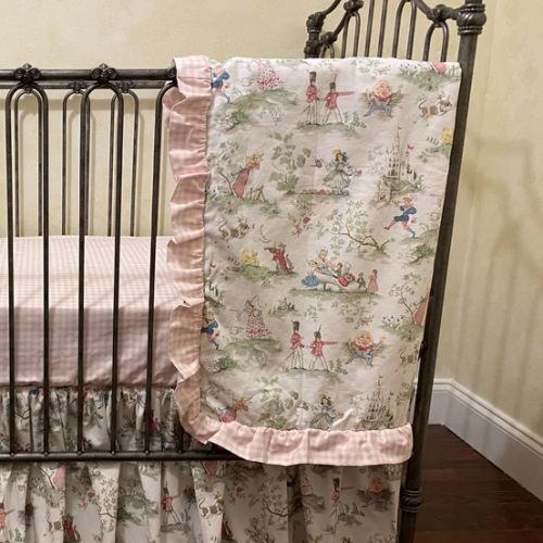 Baby Girl Nursery Rhyme Toile with Pink Gingham Crib Bedding - Just Baby Designs
