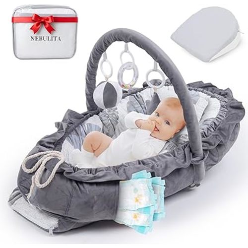 Newborn Lounger Leaf Gray - Flexible & Portable w/Infant Support Cushion, Soft & Breathable 100% Cotton - Multi-Use Supervised Baby Lounger for Floor, Travel, Changing Mat Alternative - Premium