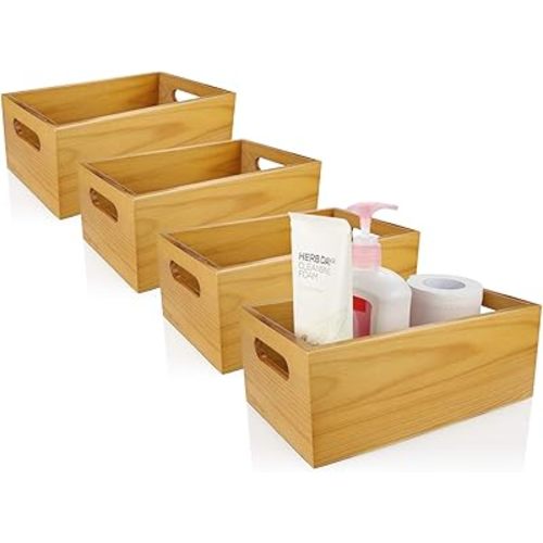 A Selected Pine Wood Organizer Open Box 4 Packs, 6x10 Wooden Storage Container with Handle for Bathroom and Kitchen