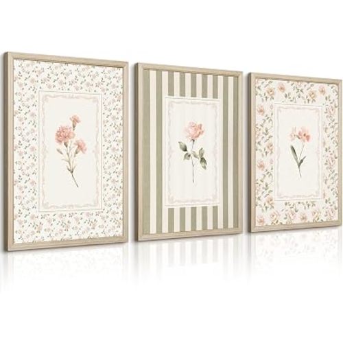 Arte de pared floral rosa y verde para decoración de habitación de niñas, cuadros de flores de guardería, impresiones en lienzo floral rosa y verde, pintura estética de rosas, obra de arte elegante