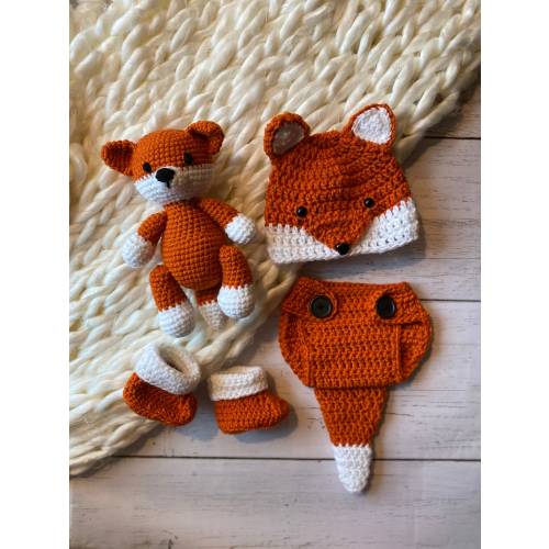 Crochet newborn fox set, crochet fox hat, crochet fox diaper cover, crochet booties, crochet stuffed animal fox