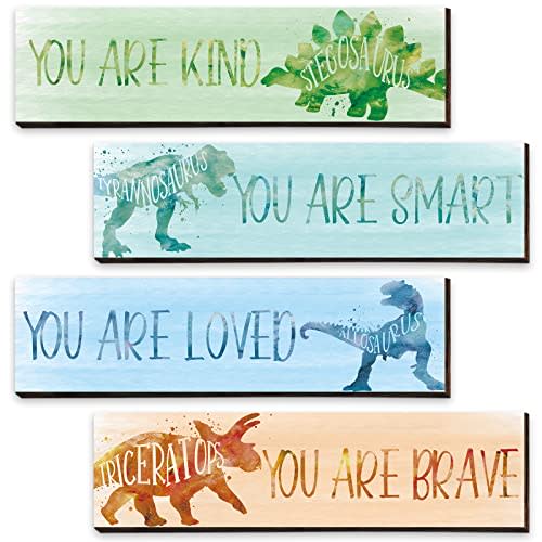 Yalikop 4 Pcs Dinosaur Room Decor for Boys, Inspirational Posters Wall Plaque for Kids Bedroom Nursery Classroom Dinosaur Prints Wall Art Decor (Cool Colors,12 x 3 Inch)