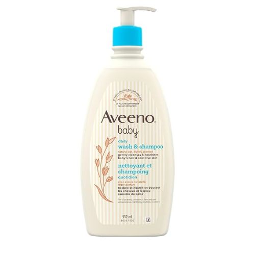Aveeno Baby Daily Moisture Gentle Baby Body Wash and Shampoo with Oat Extract, 2-in-1 Baby Wash and Hair Shampoo, Tear-Free, Paraben-Free for Sensitive Skin and Hair, Lightly Scented, 18 Fl Oz