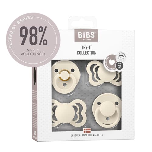 BIBS Try-It Collection | 4-Pack Soothers | BPA-Free Round, Anatomical & Symmetrical Nipple | Natural Rubber Latex/Silicone | Made in Denmark | 6-18 Months | Ivory