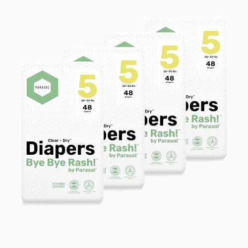 Parasol Clear+Dry Disposable Diapers, RashShield Protection and Leak-Control Fit, Hypoallergenic Diapers, Size 5 (26-36 lbs), 192 Count